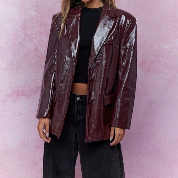 Burgundy Party Women's Shiny Faux Leather Oversized Blazer - Picture 1 of 4